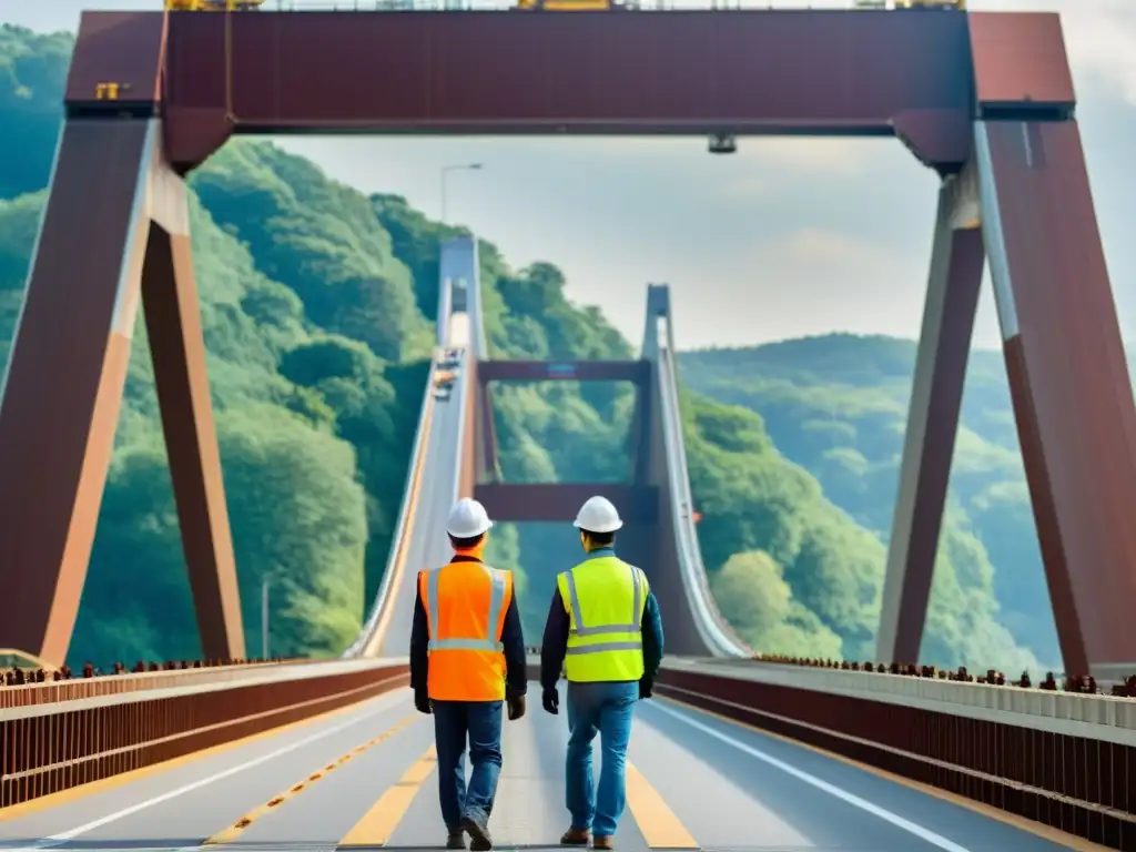 Equipo de ingenieros inspecciona detalladamente un puente, cumpliendo normativas internacionales diseño puentes seguridad