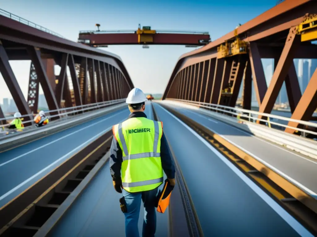 Un equipo de ingenieros inspecciona minuciosamente un puente, resaltando su profesionalismo y enfoque técnico