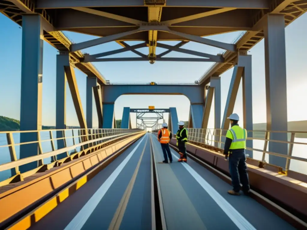 Equipo de ingenieros inspeccionando y manteniendo un puente