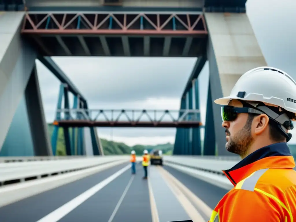 Un equipo de ingenieros utiliza la realidad aumentada para inspeccionar un puente, destacando el mantenimiento predictivo