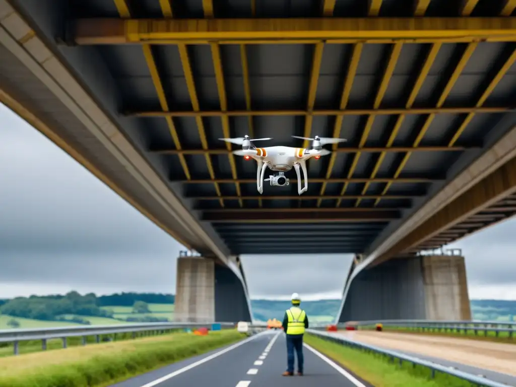 Equipo de ingenieros inspeccionando la seguridad estructural de un puente con drones, mostrando tecnología de vanguardia y precisión en la operación