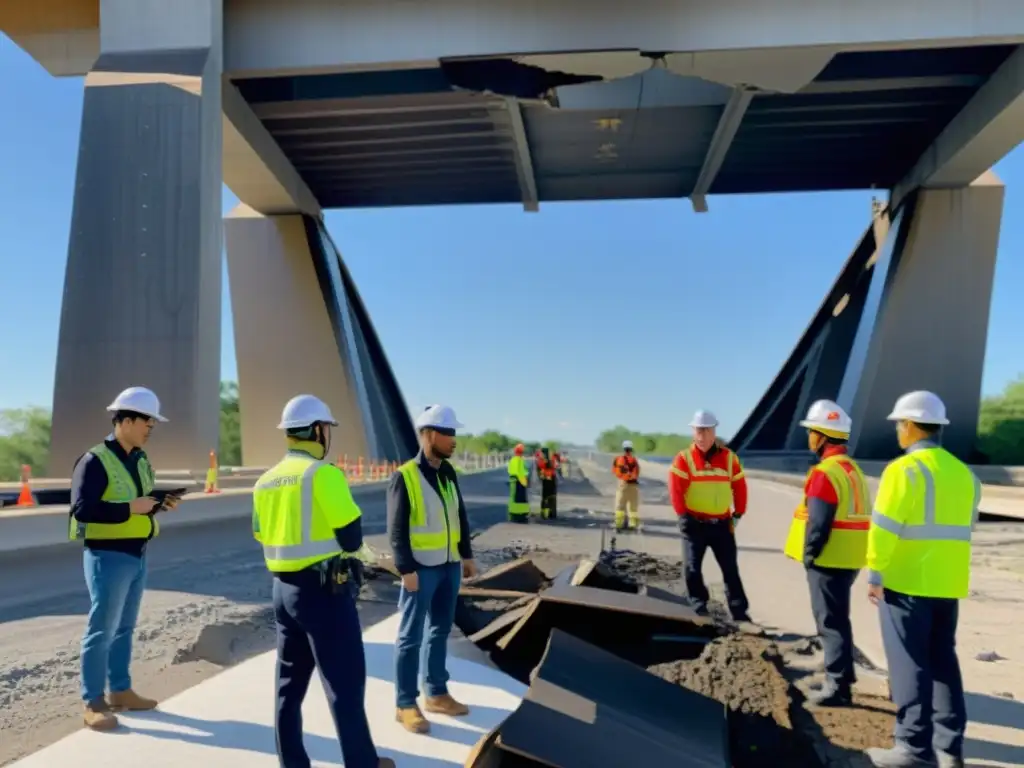 Equipo de ingenieros y socorristas usando Realidad Aumentada en Desastres de Puentes para reparar un puente dañado tras un desastre natural