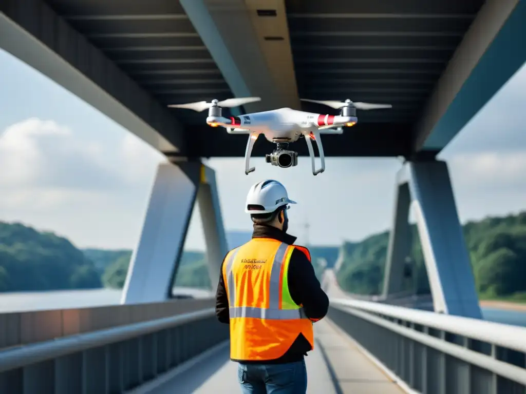 Equipo de ingenieros y técnicos usando drones avanzados para inspeccionar la integridad de un puente moderno