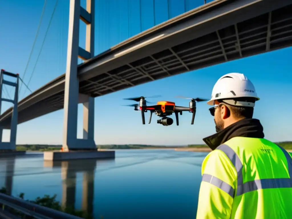 Equipo de ingenieros y técnicos utilizando drones para evaluar la importancia de puentes