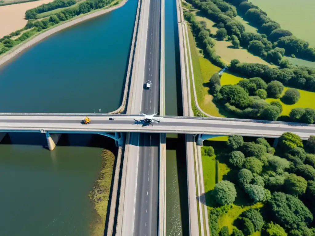 Un equipo de ingenieros y técnicos utilizando drones para inspeccionar un gran puente, con detalles nítidos de la estructura y el paisaje