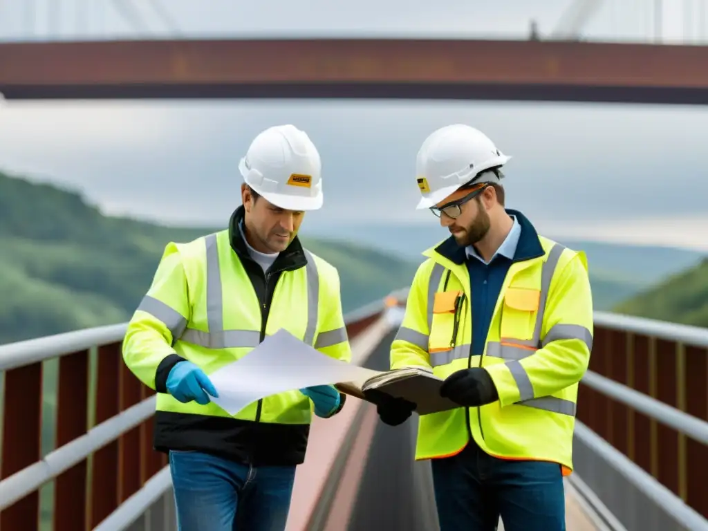 Un equipo de ingenieros y técnicos examina minuciosamente la integridad estructural de un puente, mostrando preparación intensiva ingenieros puentes