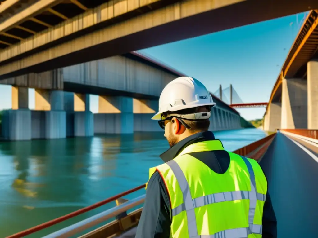 Un equipo de ingenieros y técnicos utiliza Realidad Aumentada para inspeccionar un puente, destacando la innovación en conservación de puentes