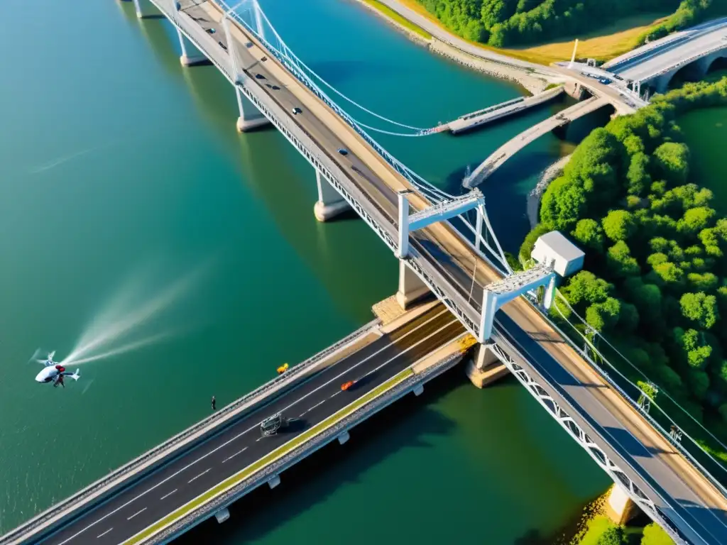 Un equipo de ingenieros y técnicos utiliza tecnología de drones para inspeccionar y mantener un gran puente