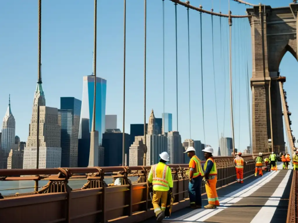 Equipo de ingenieros y trabajadores de la construcción realizando mantenimiento y restauración en el icónico Puente de Brooklyn