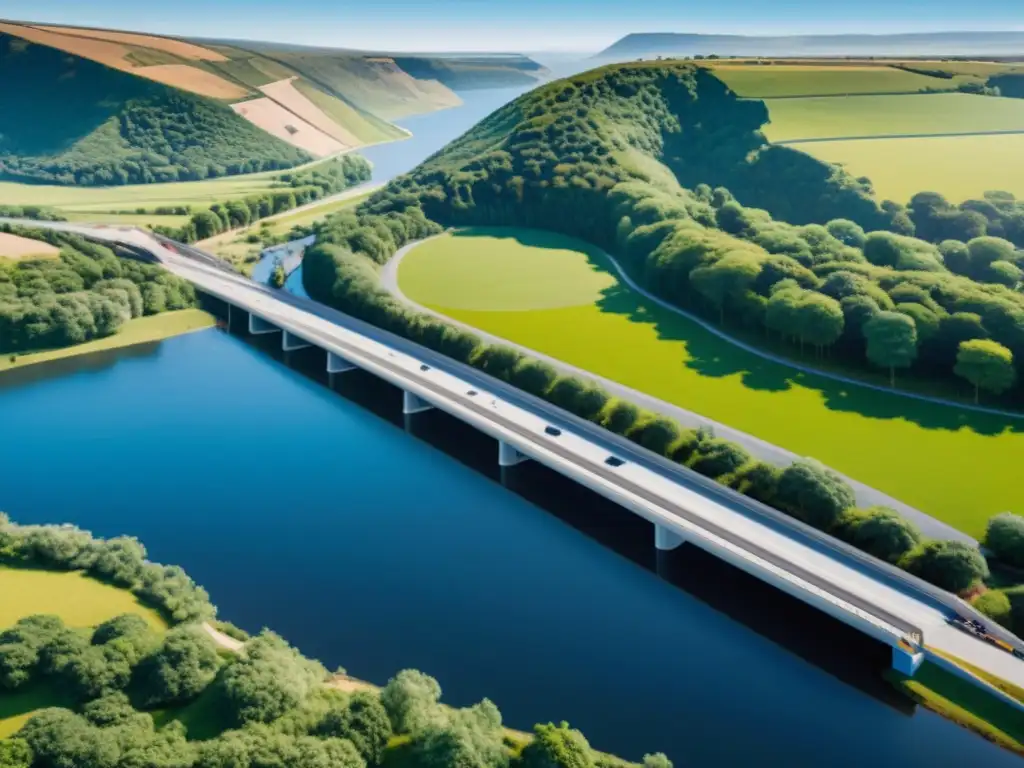 Un equipo de ingenieros y trabajadores construyen un puente modular en un paisaje vibrante