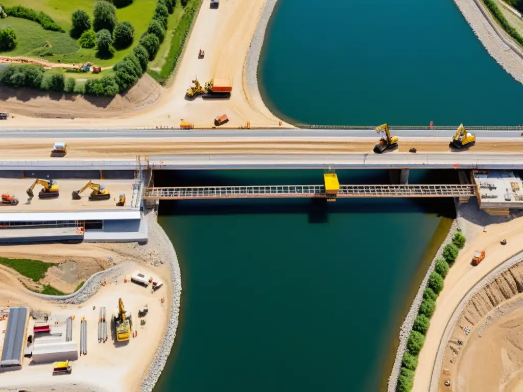 Equipo de ingenieros y trabajadores construyendo un puente moderno con tecnología avanzada y maquinaria de construcción