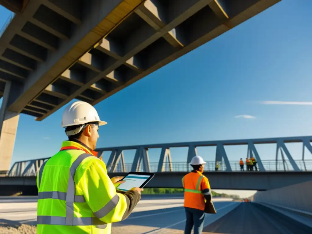 Un equipo de ingenieros y trabajadores inspeccionando un puente con plataformas digitales