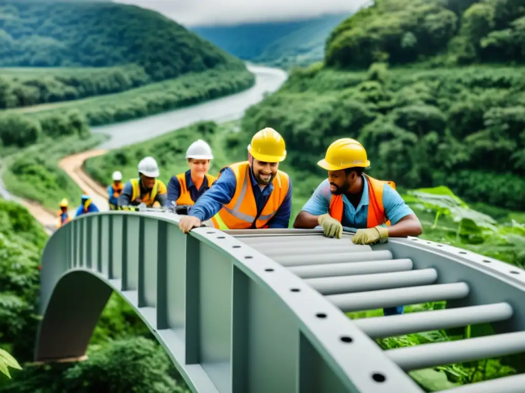 Equipo de ingenieros y trabajadores construyendo un puente ecoamigable sobre un río, integrando tecnología y naturaleza