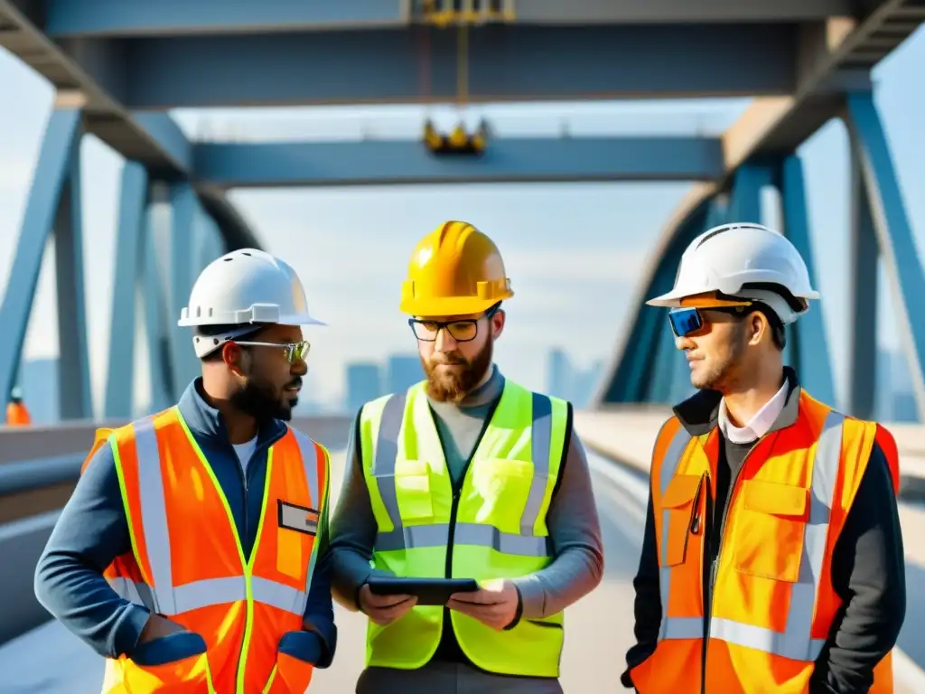 Equipo de ingenieros y trabajadores con Realidad Aumentada en construcción de puentes, innovación y colaboración futurista