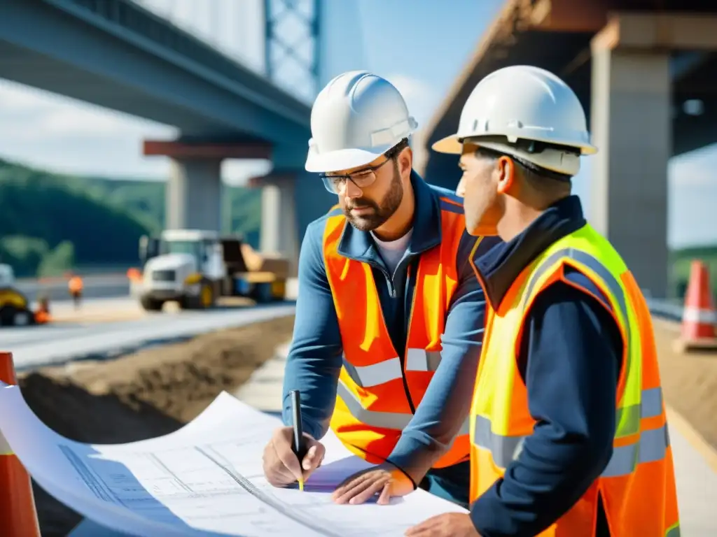 Equipo de ingenieros y obreros planificando la construcción de un puente Equipo de ingenieros y trabajadores planificando riesgos en construcción de puentes con meticulosidad y colaboración profesional