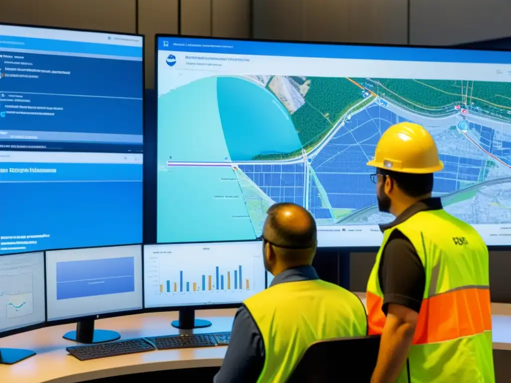 Equipo de ingenieros y trabajadores de construcción utilizando software avanzado para evaluar riesgos en la construcción de puentes Equipo de ingenieros y trabajadores de construcción utilizando software avanzado de planificación y análisis de riesgos en la construcción de puentes
