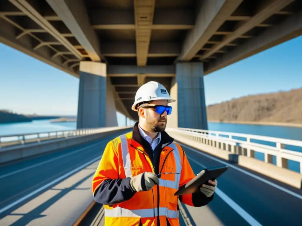 Equipo de inspección de puentes con realidad aumentada examinando detalladamente la estructura de un puente masivo