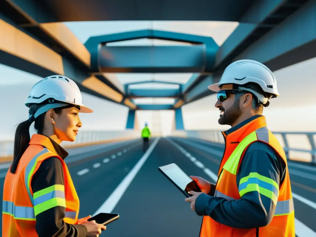 Equipo de inspección de puentes con realidad aumentada analizando la estructura con tecnología avanzada