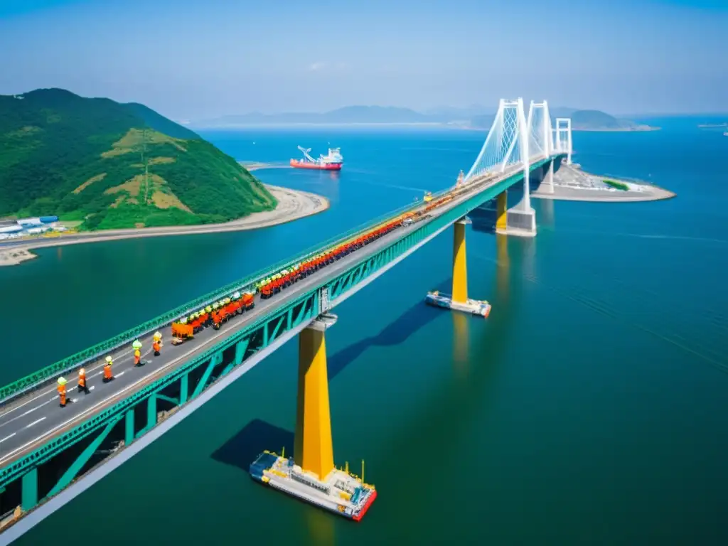 Un equipo japonés de ingenieros y trabajadores de la construcción ensambla meticulosamente el puente AkashiKaikyo, con el vasto océano de fondo