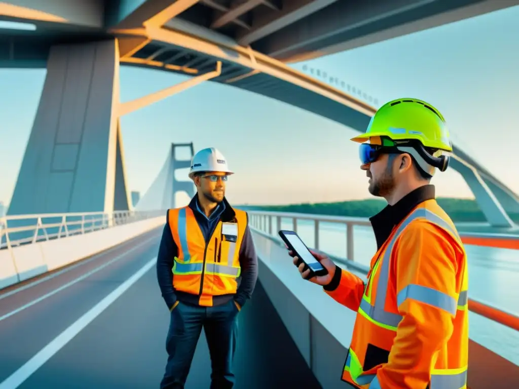 Equipo de mantenimiento en puente futurista usando realidad aumentada para inspección y análisis