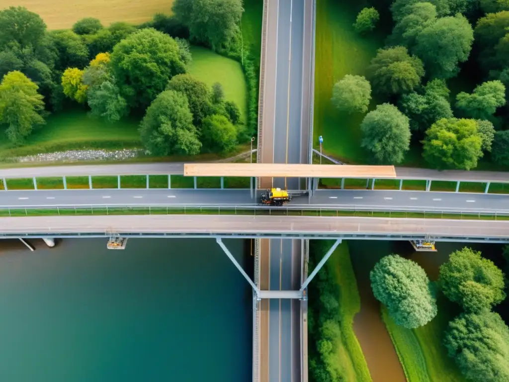 Un equipo de mantenimiento de puentes tradicional trabaja mientras un operador de drones inspecciona la estructura