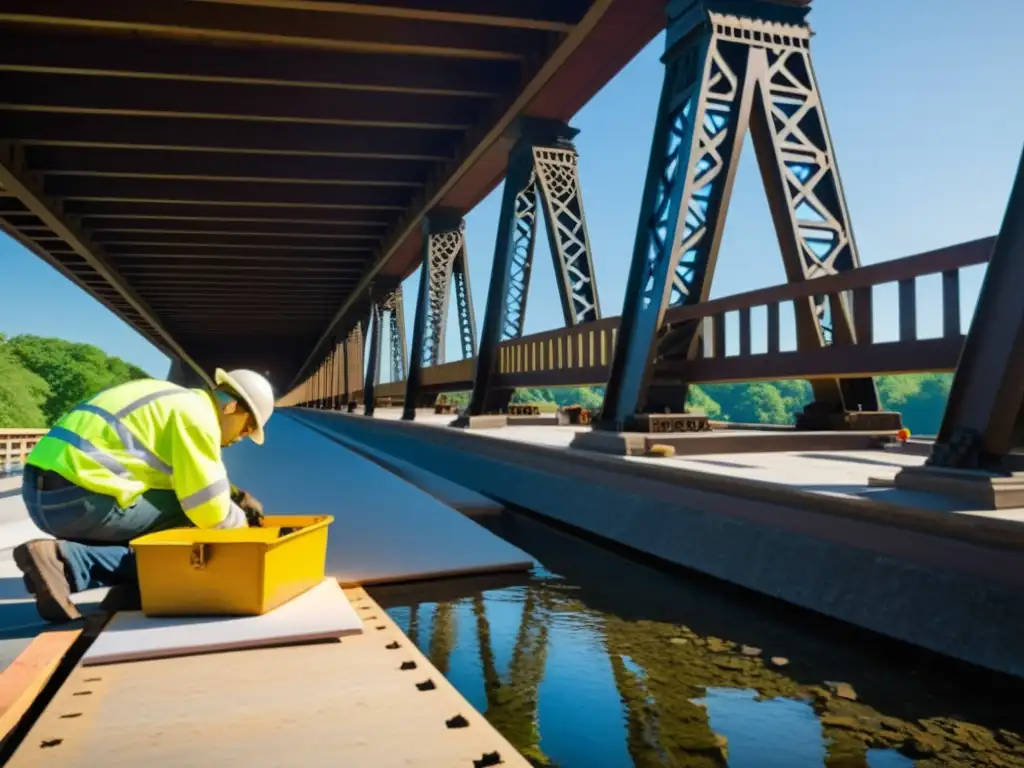 Un equipo de profesionales de la restauración trabaja con precisión en los detalles de un puente histórico, demostrando técnicas especializadas y herramientas