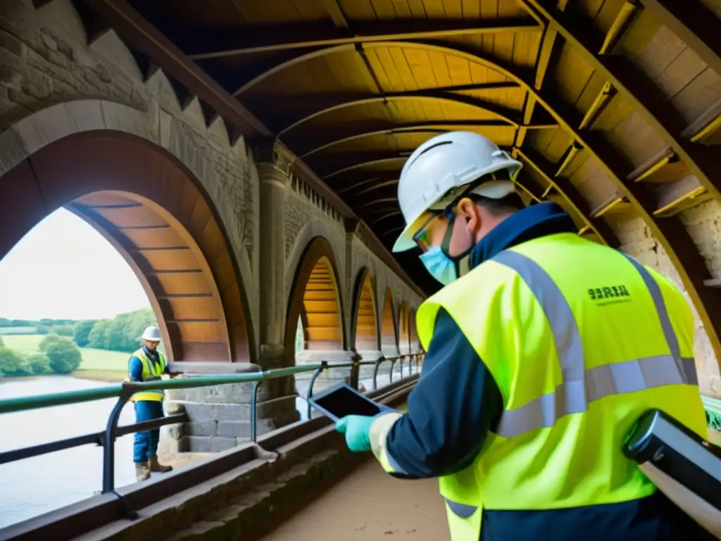 Equipo de restauración usando realidad aumentada para restaurar puente histórico, mostrando dedicación y maestría