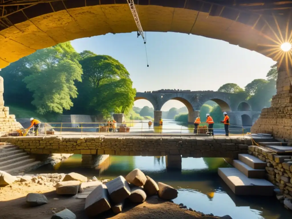 Equipo de restauración meticuloso trabajando en el detallado puente antiguo, resaltando la importancia de preservar estructuras históricas