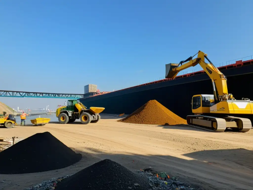 Equipo de trabajadores gestionando residuos en construcción de puentes, mostrando prácticas de gestión de residuos en la construcción de puentes