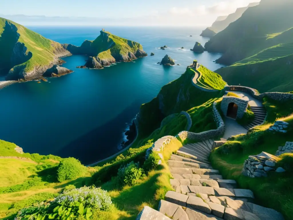 Escalera de piedra que conduce a la ermita en la cima de Gaztelugatxe, rodeada de exuberante vegetación y el mar azul del Golfo de Vizcaya