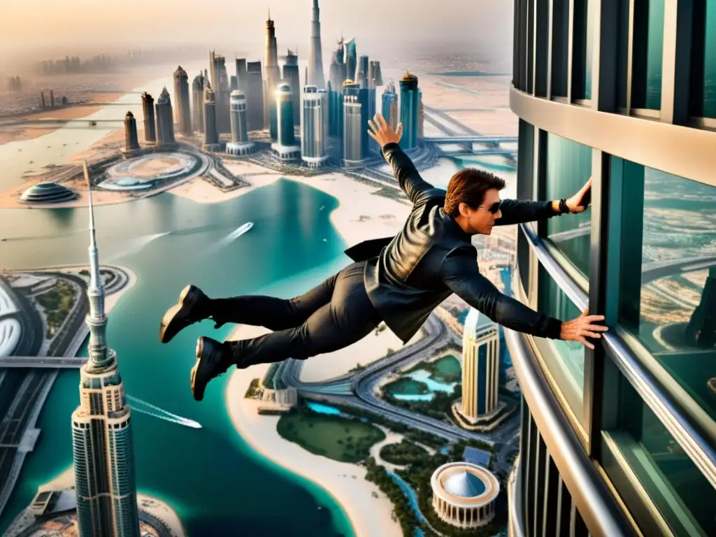 Escena icónica de la película 'Misión: Imposible Protocolo Fantasma' donde el personaje de Tom Cruise escala el Burj Khalifa, con Dubai a sus pies