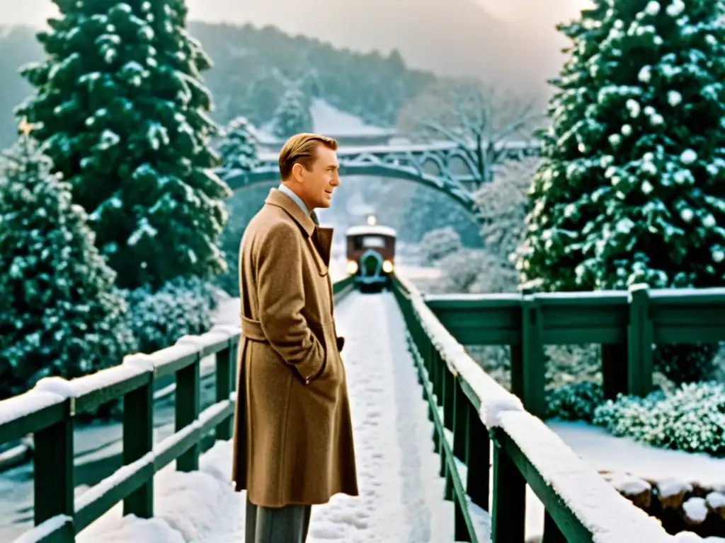 Escena icónica del puente de 'Qué bello es vivir', con George Bailey reflexionando mientras la nieve cae suavemente a su alrededor