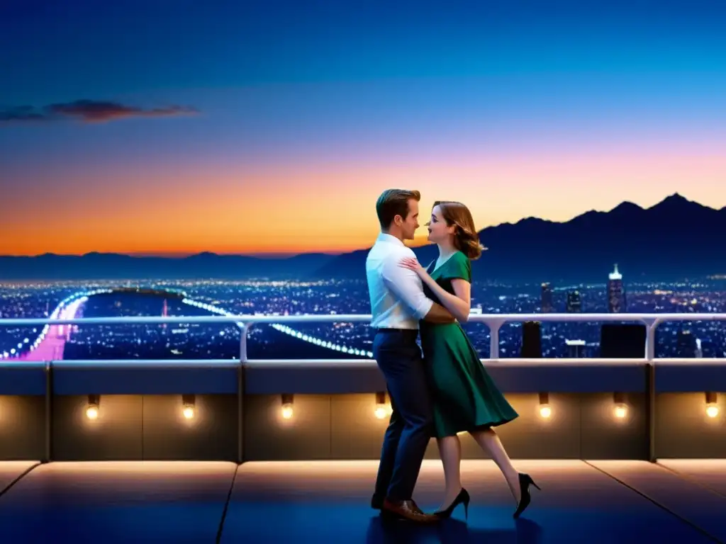 Escena icónica del puente en 'La La Land' con los personajes bailando al atardecer