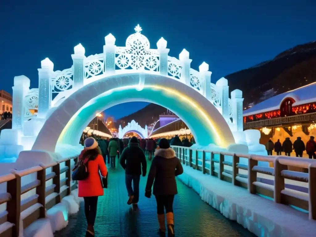 Escena mágica del Festival de Hielo y Nieve Puente de la Confusión, con esculturas de hielo iluminadas y festivaleros maravillados