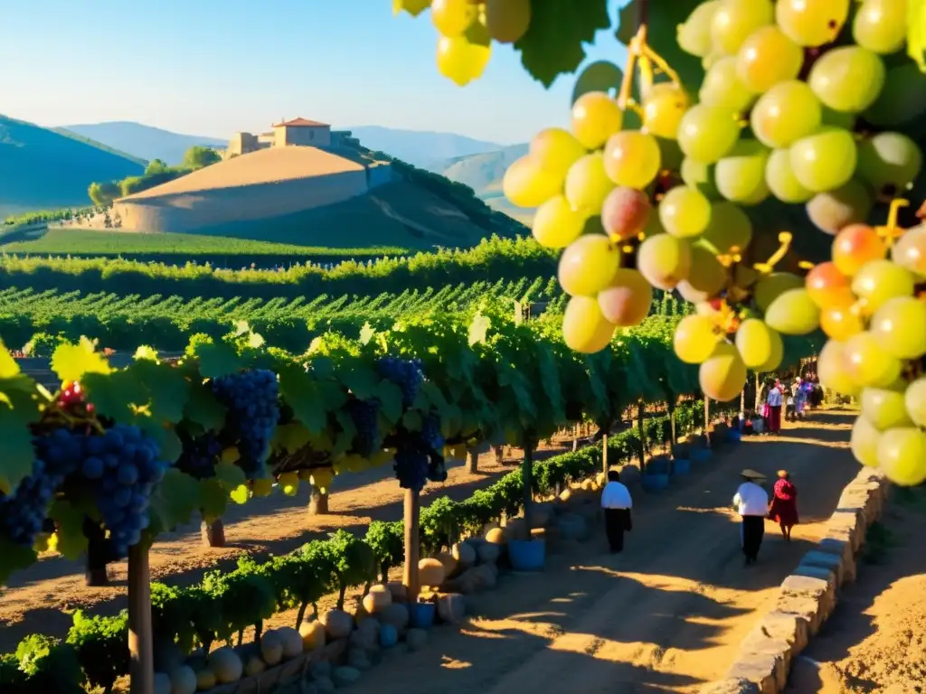 Escena vibrante en el Festival de la Vendimia Puente Piedra, con uvas listas para la cosecha y músicos folklóricos