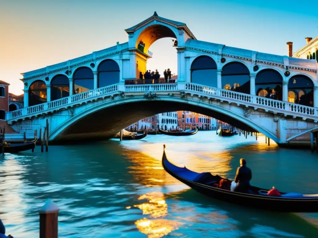 Escenario teatral en el icónico Puente de Rialto en Venecia, con actuaciones teatrales en un ambiente encantador al atardecer