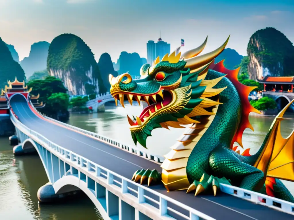 Escultura de dragón de acero en el puente Dragon de Vietnam, destacando sus detalles y su integración en la historia y la ciudad