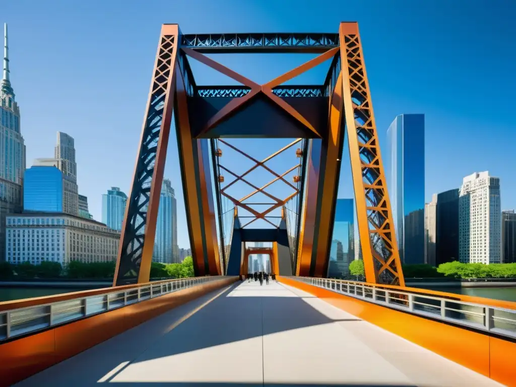 Una escultura contemporánea de gran escala inspirada en la ingeniería de puentes, en un vibrante entorno urbano