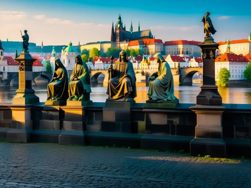 Esculturas góticas detalladas en el Puente de Carlos, Praga, junto al río Vltava y la arquitectura histórica de la ciudad