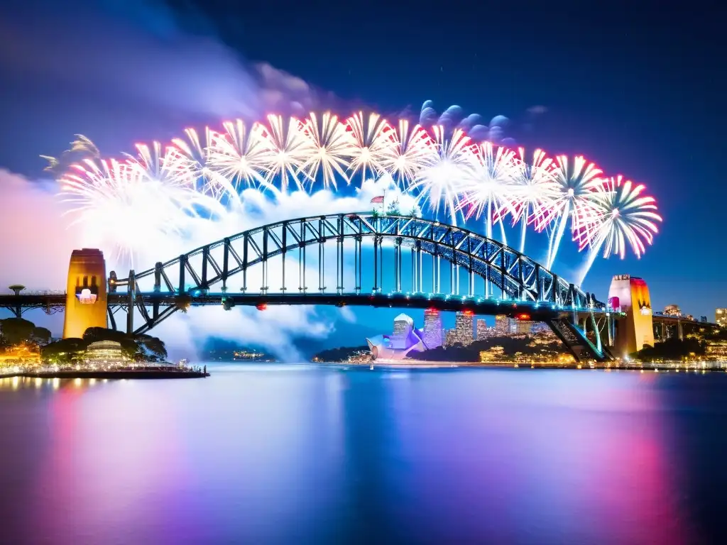 Espectacular Puente Bahía Sídney Año Nuevo iluminado por fuegos artificiales, reflejos de luces y festividad en la bahía