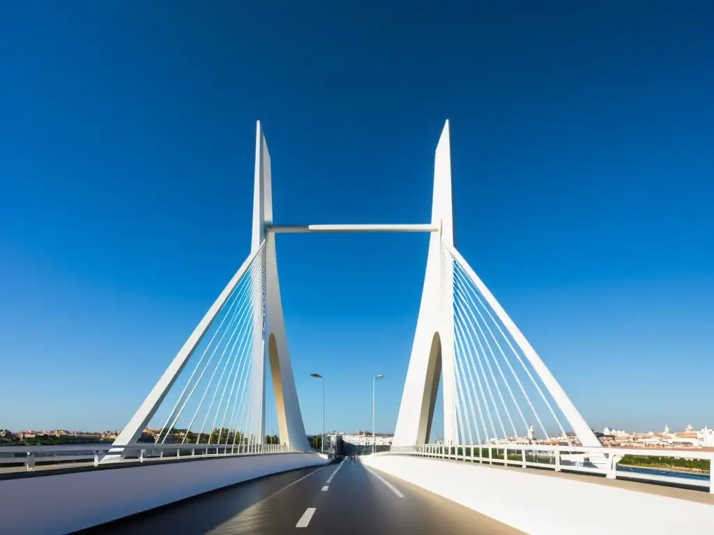 Espectacular arquitectura futurista del Puente de Alamillo en Sevilla, con sus líneas angulares y moderno diseño contra el cielo azul