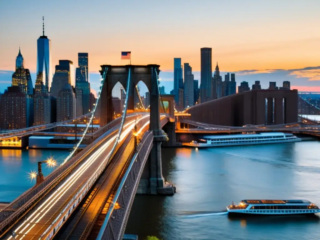 Espectacular atardecer en el Puente de Brooklyn, resplandeciendo en tonos dorados, un ícono de la arquitectura urbana