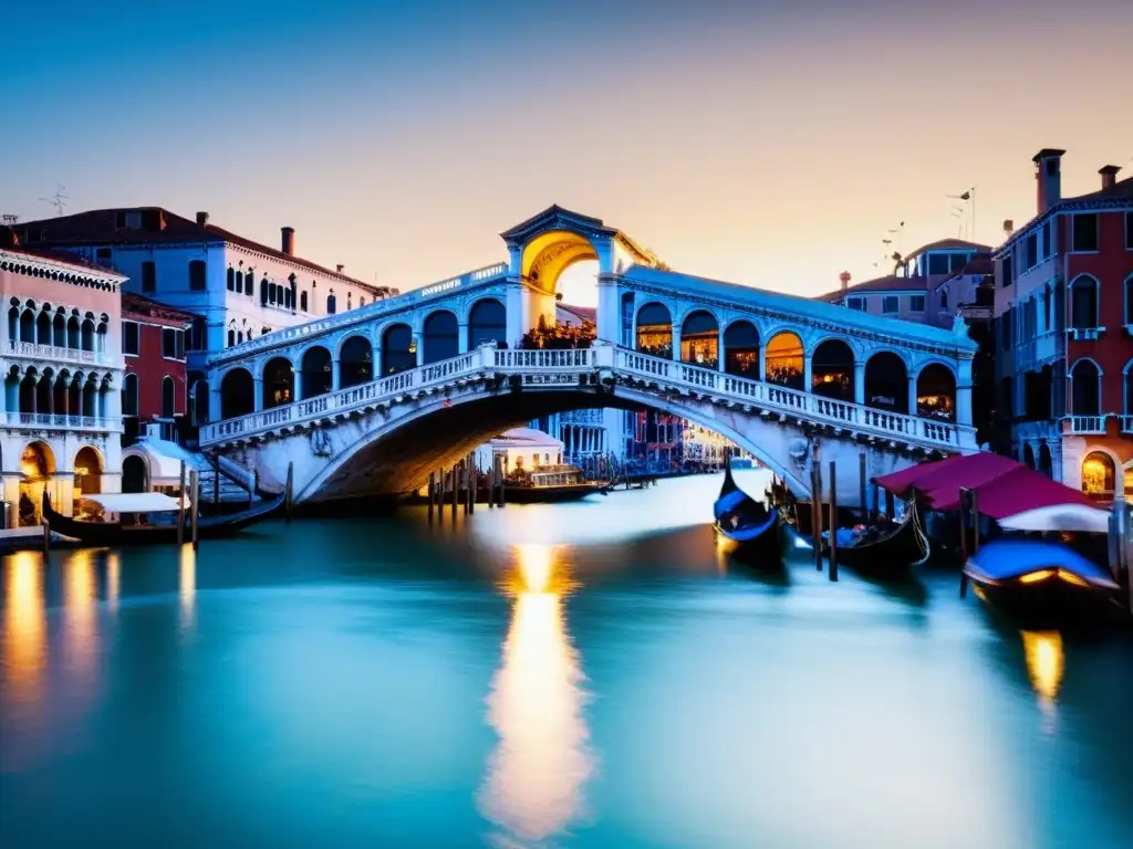 Espectacular atardecer en el Puente de Rialto, historia arquitectura y vida en el Gran Canal de Venecia