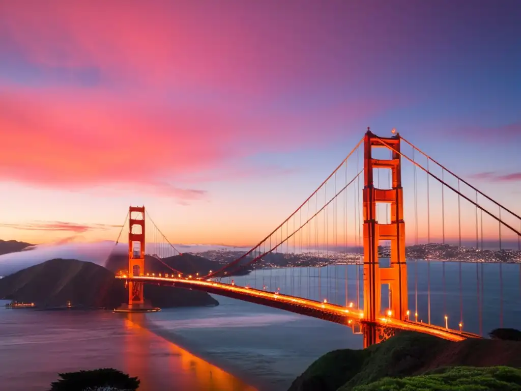 Espectacular atardecer en el Puente Golden Gate de San Francisco, con tonos naranjas y rosados en el cielo, reflejándose en la bahía