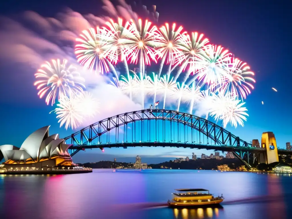 Espectacular celebración de Año Nuevo en el Puente Sydney con fuegos artificiales y multitud vibrante a lo largo del puerto