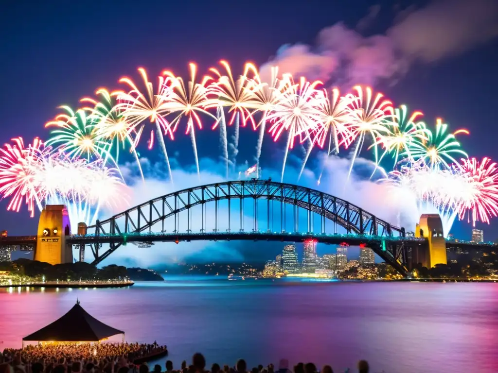 Espectacular celebración de Año Nuevo en el Puente Sydney con fuegos artificiales iluminando el cielo y reflejándose en el agua