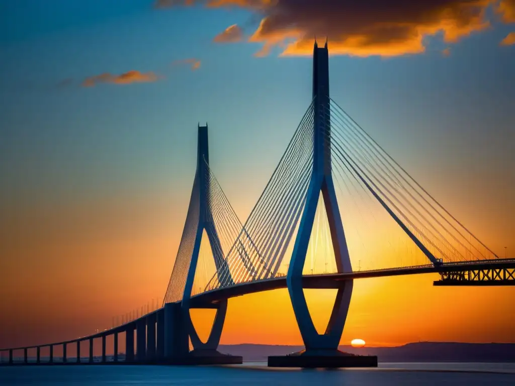 Espectacular fotografía documental del Puente Vasco da Gama destacando su ingeniería moderna en contraste con el vibrante atardecer