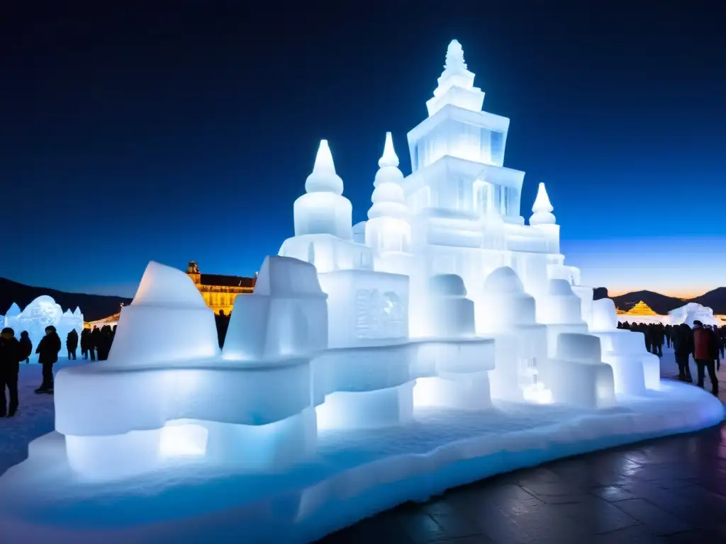 Espectacular escultura de hielo iluminada en el Festival de Hielo y Nieve Puente Confusión, creando una atmósfera mágica