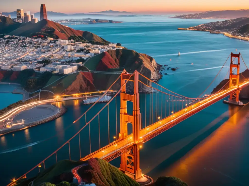 Espectacular foto en 8k del Puente Golden Gate al atardecer, destacando su arquitectura y la historia de puentes famosos