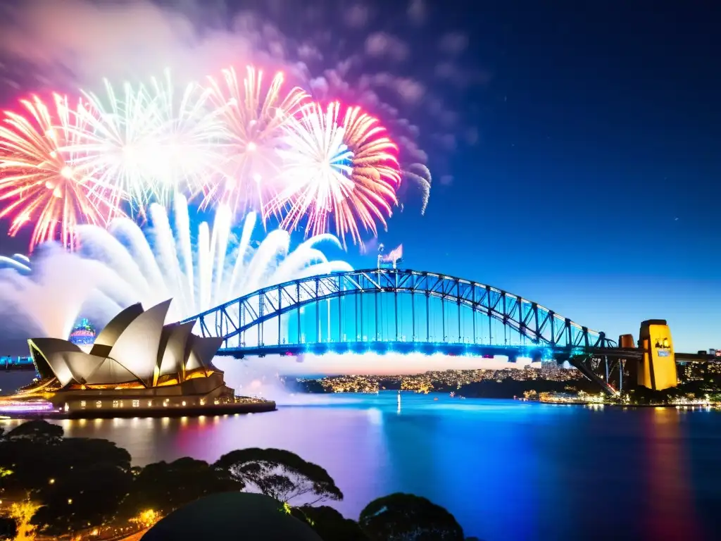 Espectacular fuegos artificiales de Año Nuevo sobre el Puente Sydney, iluminando la noche con colores vibrantes y creando un ambiente festivo